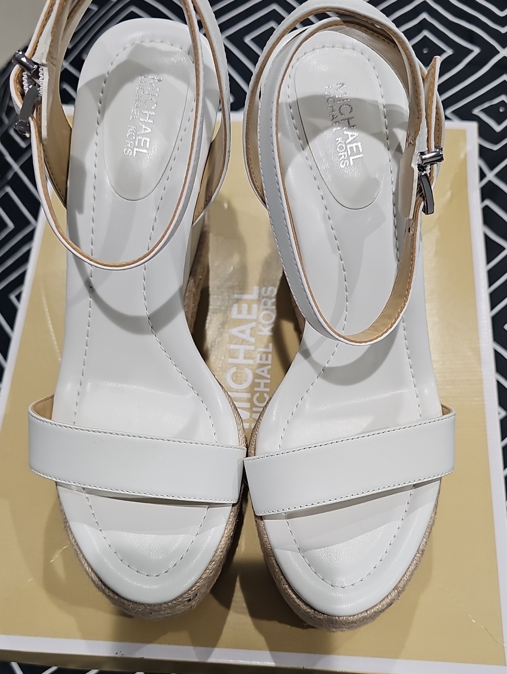 New Michael Kors White Leather Espadrille Wedge Sandals with Ankle Strap